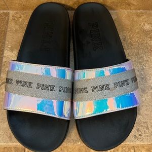 PINK Victoria’s Secret- Silver Iridescent Slides/Sandals size M/L or Size 8